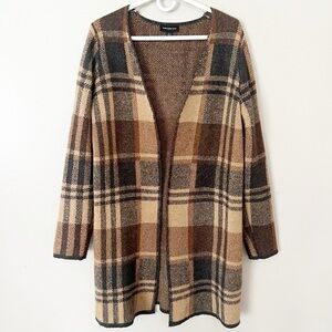 Fortune + Ivy Plaid Open Front Sweater Long Tan Brown Large Academia Equestrian
